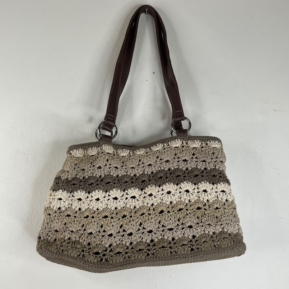 Crochet Shoulder Bag Tote Brown Beige Striped Cotton Knit Vinyl Trim Large